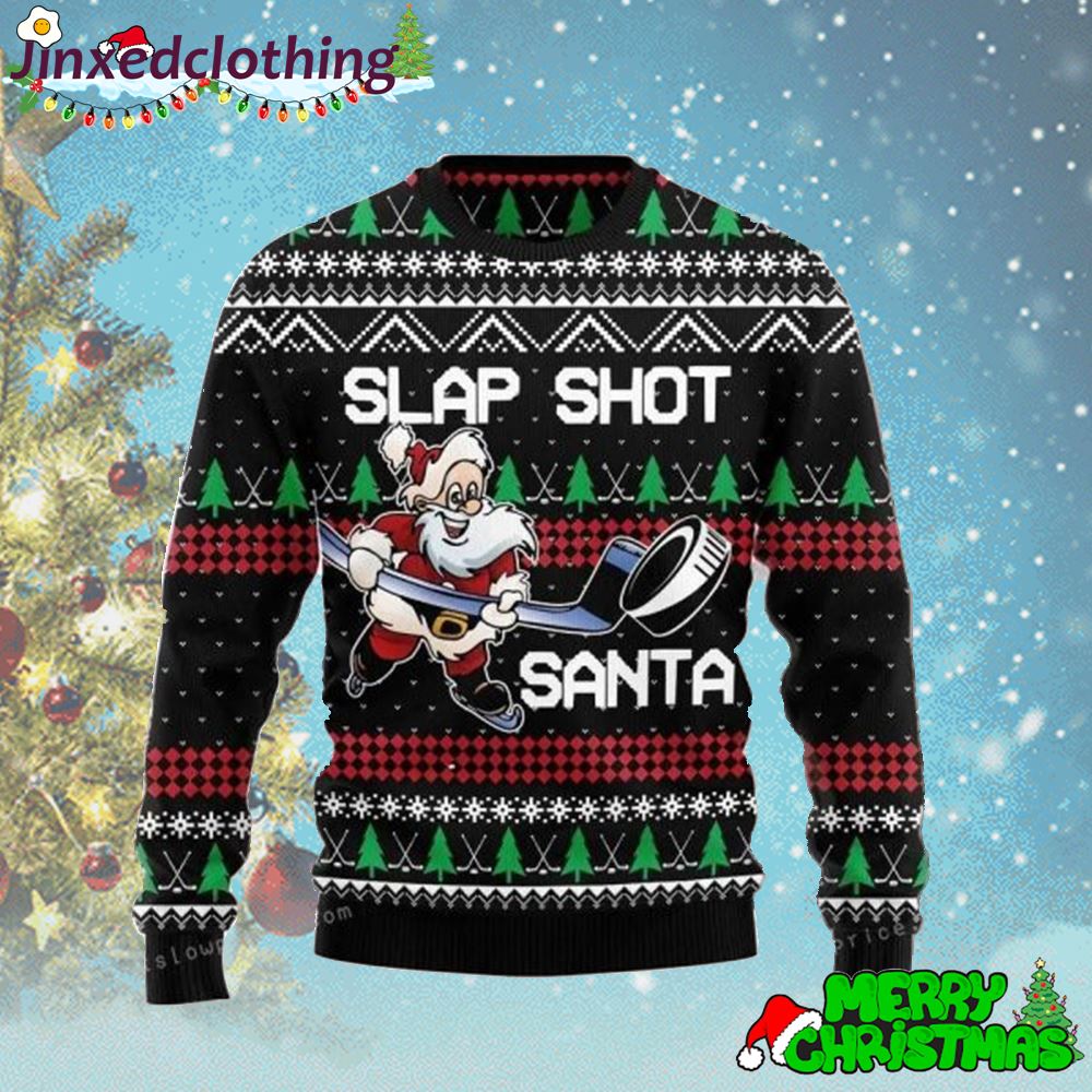 Slap Shot Santa Funny Ugly Christmas Sweater Xmas Party 